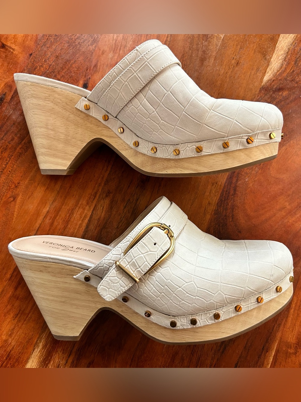 Veronica Beard Cream Croc-Embossed Leather Mule Clogs with Gold Buckle - Picture 3 of 10
